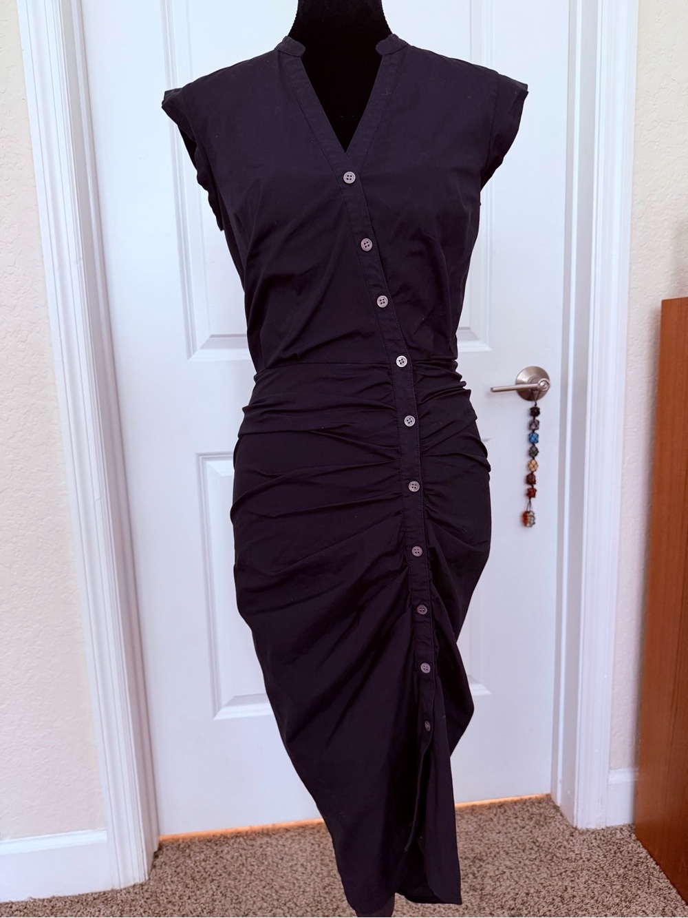 Veronica Beard Core Ruched Button Front Midi Dress Black 2